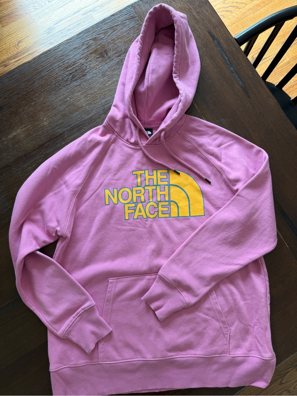 The North Face Pink Hoodie with Yellow Logo - Women's Large Sweatshirt